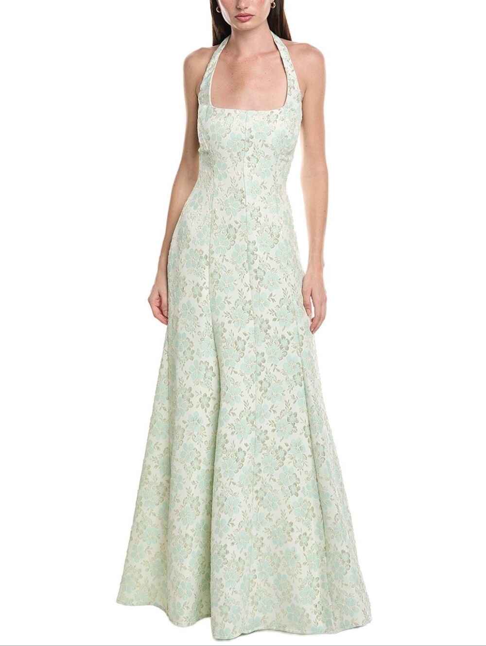 FLAWED Maison Tara Cream Jacquard Metallic Maxi Halter Dress Gown - Size 12